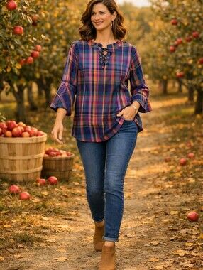 Plaid Lace-Up Tunic Top in Purple Multicolor